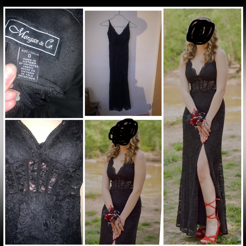 A beautiful black dress with a slit at the thigh.It has a Corset in the middle.
